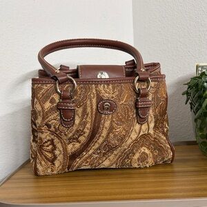 Vintage Etienne Aigner Jacquard Top Handle Satchel Brown Leather Trim
